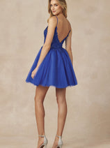 Juliet 863 Royal Blue Lace Corset Short Homecoming Mesh Dress