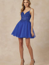 Juliet 863 Royal Blue Lace Corset Short Homecoming Mesh Dress