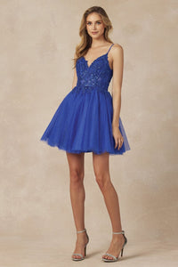 Juliet 863 Lace Applique Corset Bone Short Homecoming Mesh Dress - ROYAL BLUE / XS