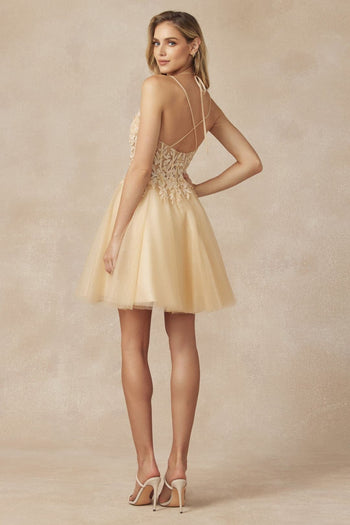 Juliet 864 Dual Staguetti Straps A-line Mesh Short Bridesmaids Dress