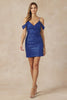 Juliet 868 Cold Shoulder Sequins Semi Formal Short Ruched Dress - ROYAL BLUE / XS