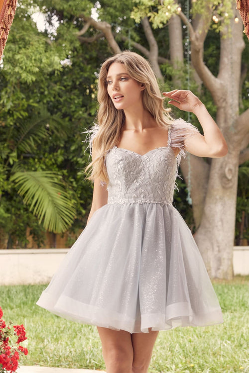 Juliet 881 Feathers A-line Glitter Tulle Short Cocktail Dama Dress - Dress