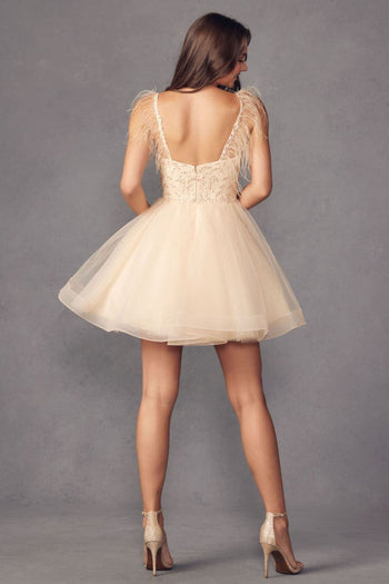 Juliet 881 Feathers A-line Glitter Sweetheart Cocktail Tulle Dress