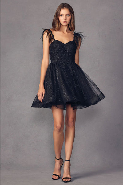 Juliet 881 Feathers A-line Glitter Tulle Short Cocktail Dama Dress - BLACK / XS - Dress