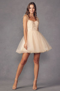Juliet 881 Feathers A-line Glitter Sweetheart Cocktail Tulle Dress - CHAMPAGNE / XS