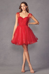 Juliet 881 Feathers A-line Glitter Sweetheart Cocktail Tulle Dress - RED / XS