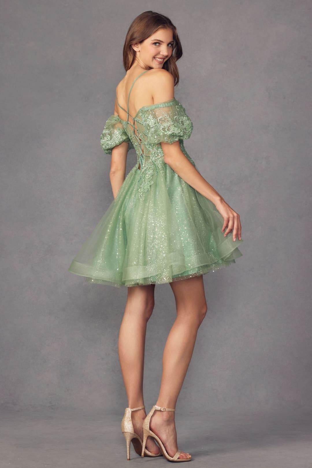 Juliet 886 Cold Shoulder Glitter Homecoming A-Line Short Dress