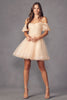 Juliet 886 Cold Shoulder Glitter Homecoming A-Line Short Dress - CHAMPAGNE / XS