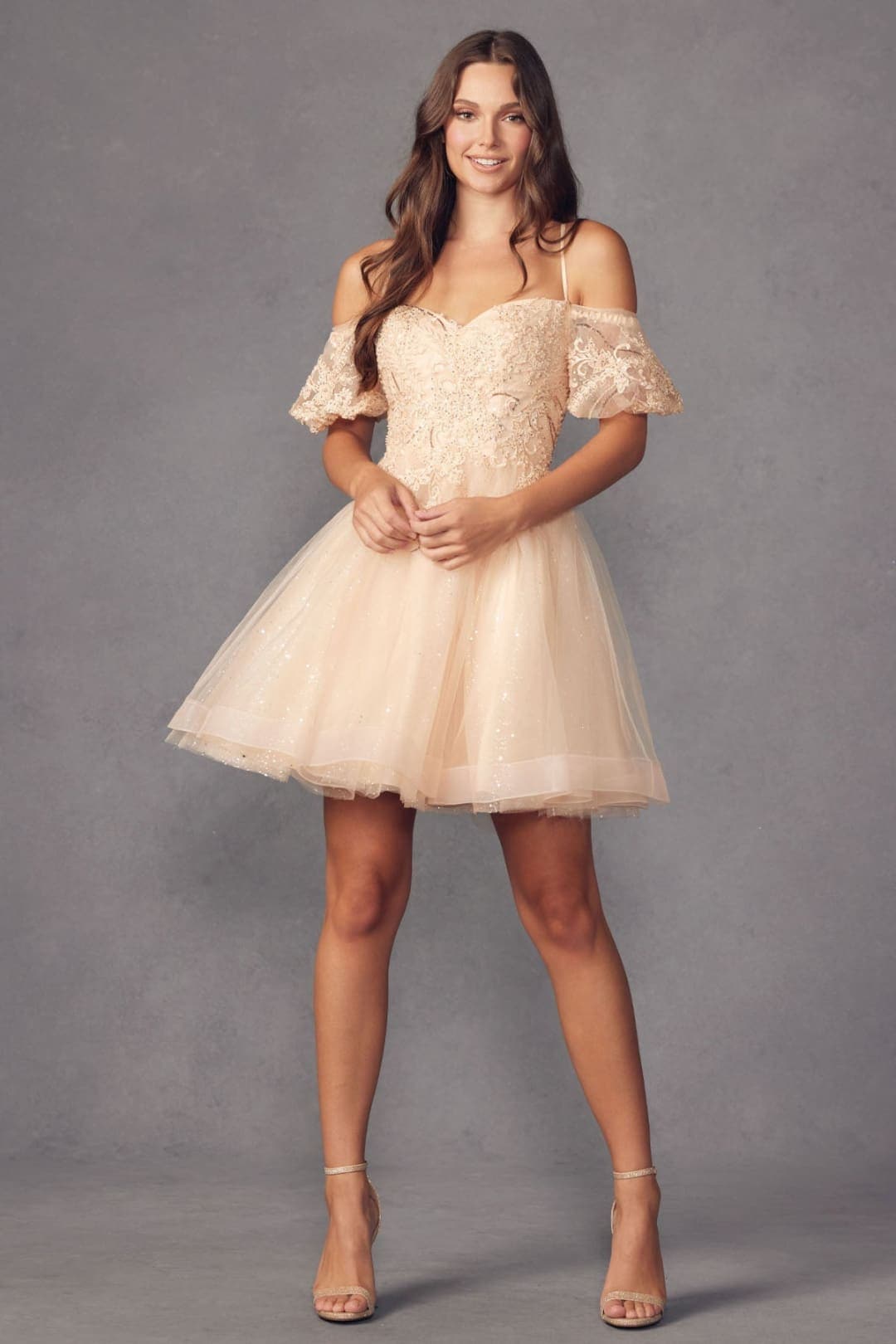 Juliet 886 Cold Shoulder Glitter Homecoming A-Line Short Dress - CHAMPAGNE / XS