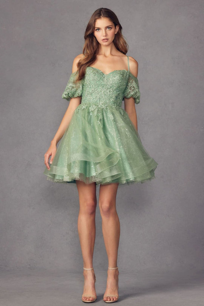 Juliet 886 Cold Shoulder Glitter Homecoming A-Line Short Dress - SAGE / XS