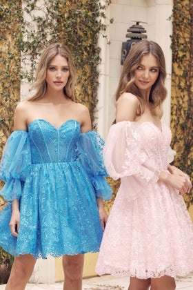 Juliet 895 Detachable Bell Sleeves Homecoming Short Glitter Dress