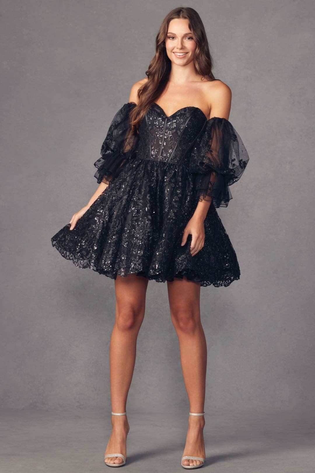 Juliet 895 Detachable Bell Sleeves Homecoming Short Glitter Dress - BLACK / XS