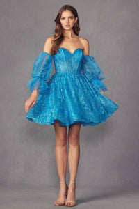 Juliet 895 Detachable Bell Sleeves Homecoming Short Glitter Dress - TURQUOISE / XS