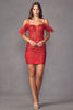 Juliet 897 Sheer Side Glitter Feathers Short Prom Corset Boned Dress - RED / XS