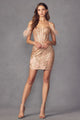 Juliet 897 Sheer Side Glitter Feathers Short Prom Corset Boned Dress - ROSE GOLD / XS