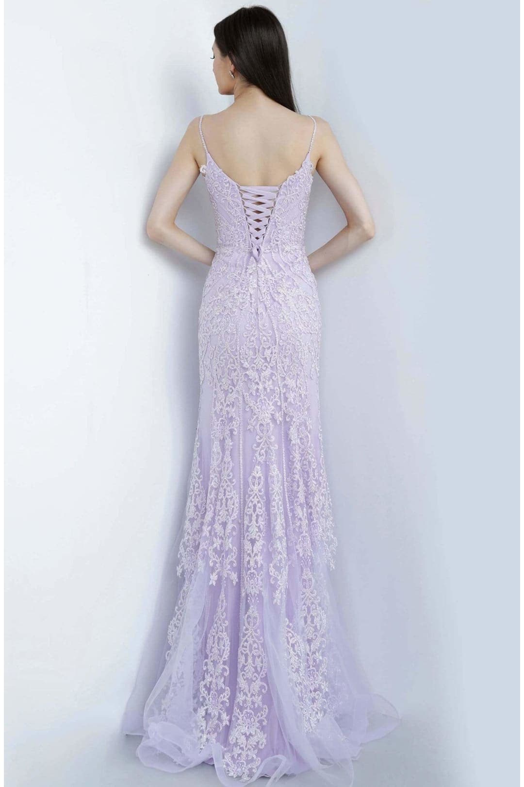 JVN by Jovani JVN02012 Spaghetti Strap Embroidered Sheath Evening Gown