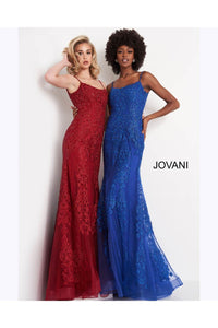 JVN by Jovani JVN02012 Spaghetti Strap Embroidered Sheath Evening Gown