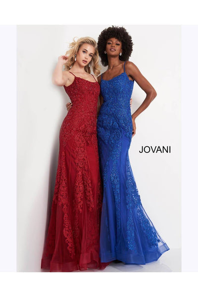 JVN by Jovani JVN02012 Spaghetti Strap Embroidered Sheath Evening Gown