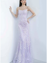 JVN by Jovani JVN02012 Spaghetti Strap Embroidered Sheath Evening Gown