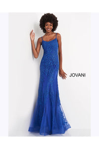 JVN by Jovani JVN02012 Spaghetti Strap Embroidered Sheath Evening Gown