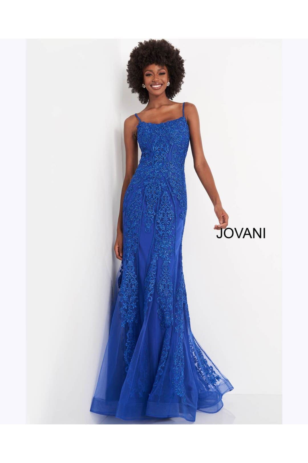 JVN by Jovani JVN02012 Spaghetti Strap Embroidered Sheath Evening Gown - ROYAL