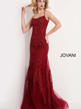 JVN by Jovani JVN02012 Spaghetti Strap Embroidered Sheath Evening Gown