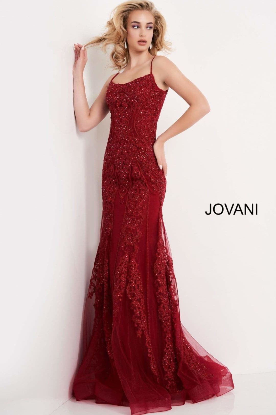 JVN by Jovani JVN02012 Spaghetti Strap Embroidered Sheath Evening Gown - WINE / 4
