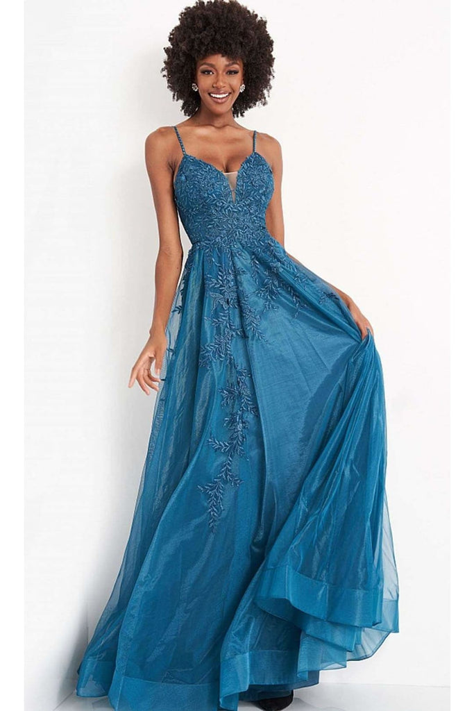 JVN by Jovani JVN02266 Plunging V-neck A-Line Prom Evening Dress - TEAL / 00