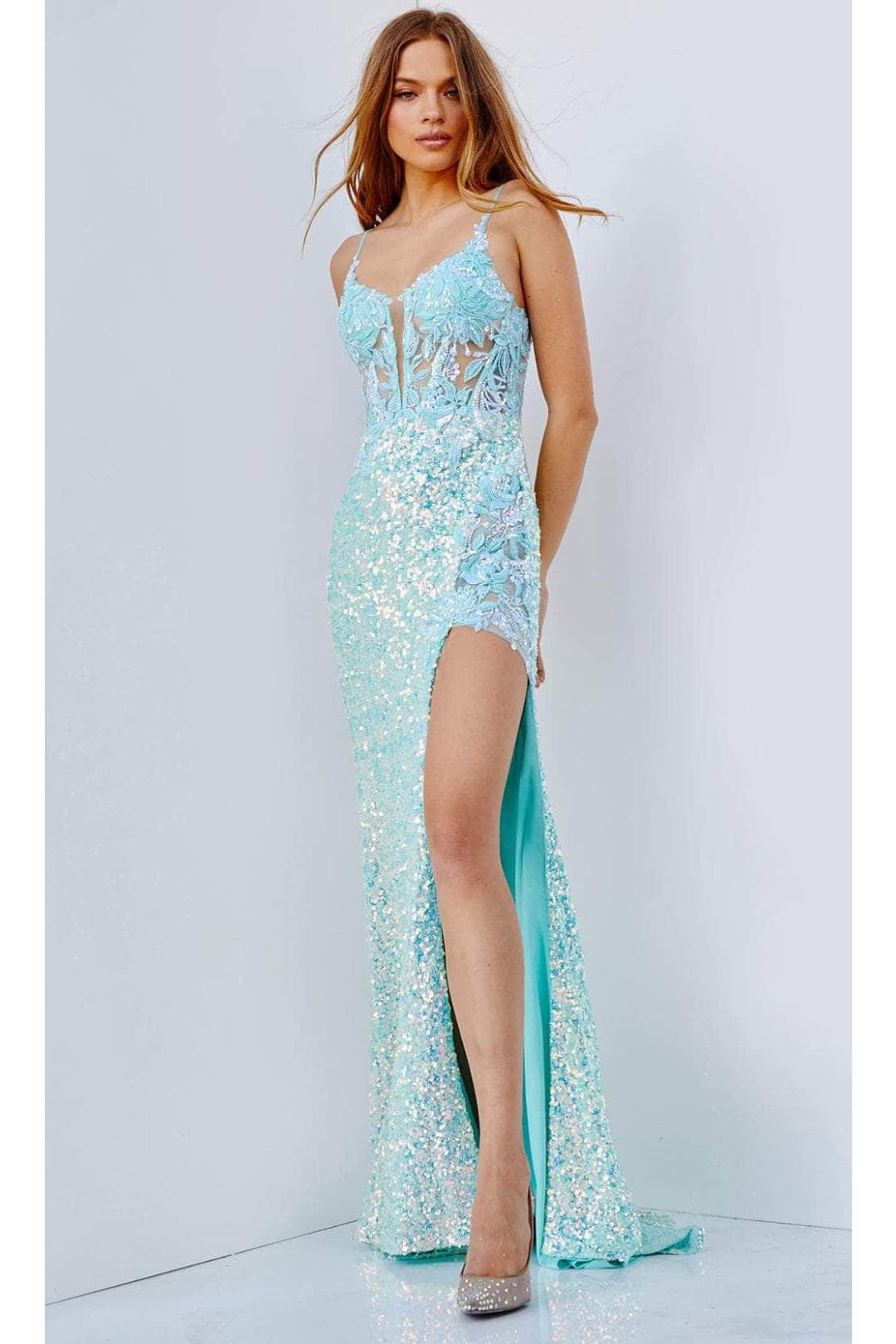 JVN by Jovani JVN24299 Beaded Sheer Bustier Inspired Bodice Prom Evening Gown - AQUA