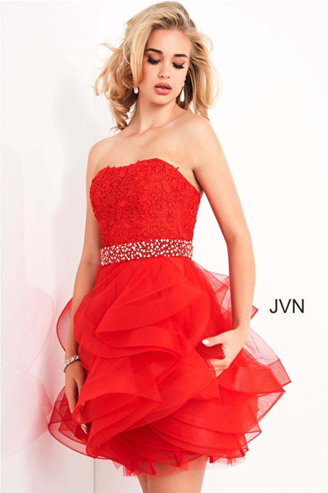 JVN by Jovani JVN3099 Strapless Ruffled Short Homecoming Dress - RED