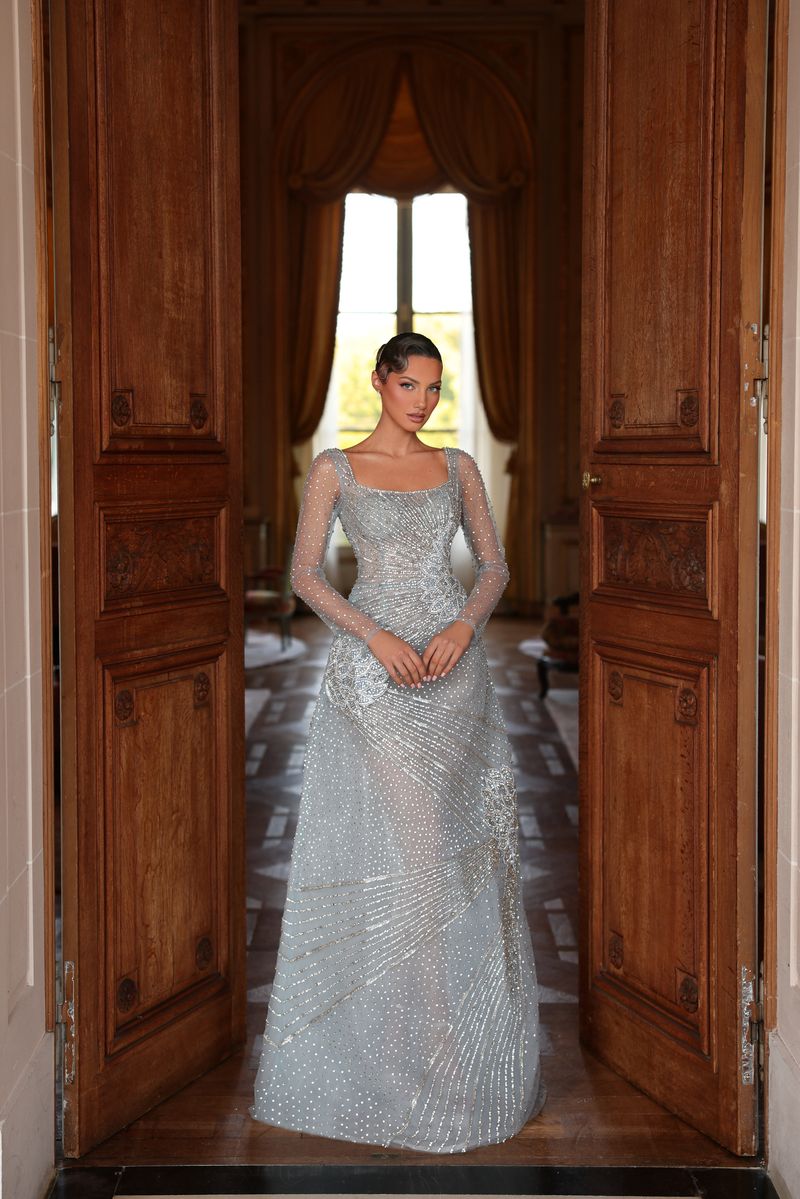 Square Neck Beaded A-Line Evening Gown
