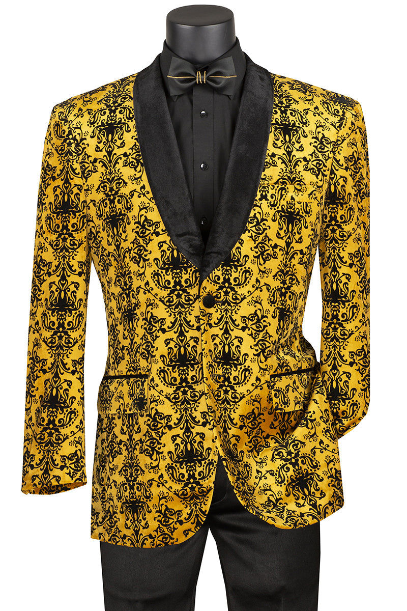 Chaqueta de esmoquin de graduación con estampado jacquard para hombre y solapa chal de terciopelo en dorado