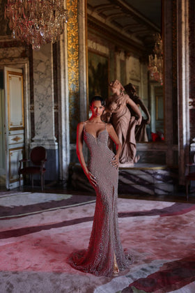Chic and Holland HF110716 Sweetheart Spaghetti Strap Beaded Sheath Prom Gown with Slit