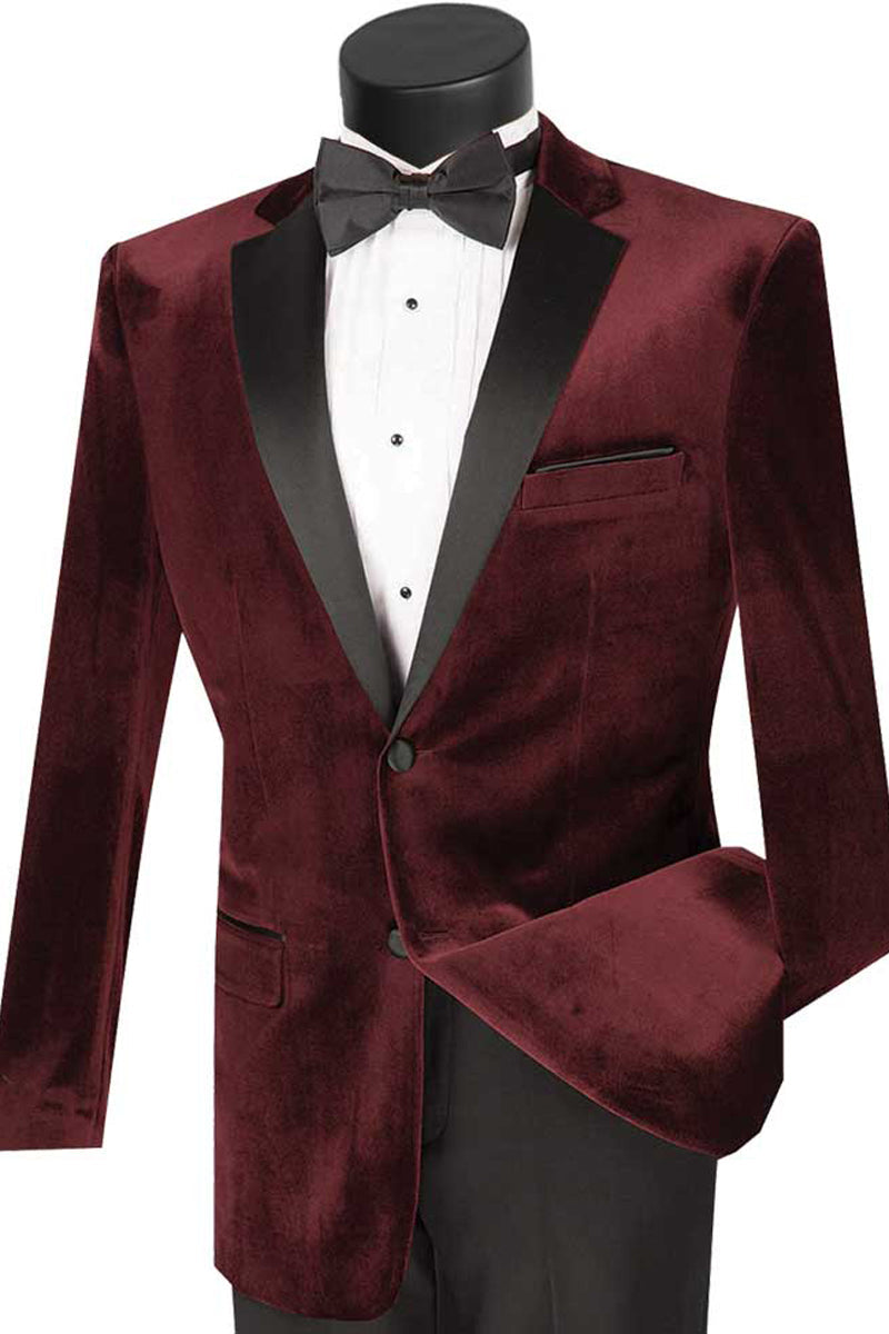 Esmoquin de terciopelo de diseño moderno para hombre para graduación y boda en color burdeos