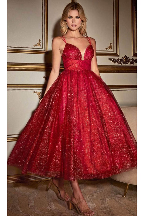 Ladivine CD996T - Sleeveless Glitter Flocked Dress - Red / 2 - Prom