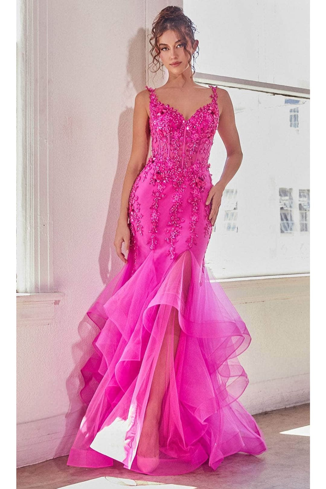 Kentucky Derby Floral 3D Embellished Sleeveless Gown by Ladivine CD331 - Fuchsia / 2 - Dress