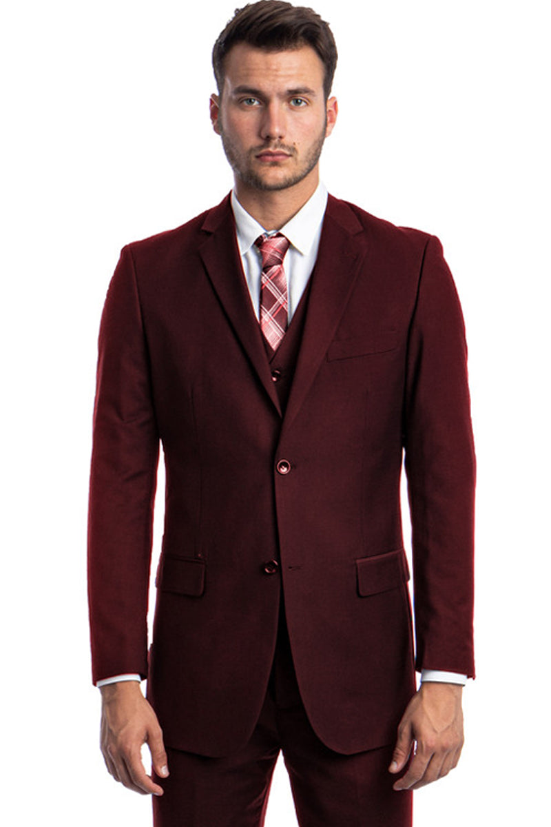 Traje de boda y negocios para hombre, de dos botones y color liso, en burdeos