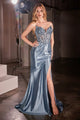 Sheath Prom Dress Corset Beaded Long Slit Satin Evening Formal Gown