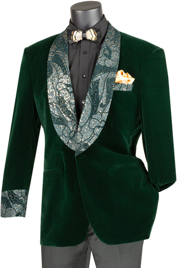 Chaqueta de esmoquin de terciopelo para hombre con solapa y puños con purpurina paisley en verde esmeralda.