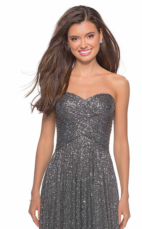 La Femme 27879C Sequin Slit Metallic Sweetheart Prom Dress