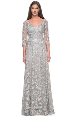 La Femme 30031 Lace Embroidered Illusion V Neck Formal Dress