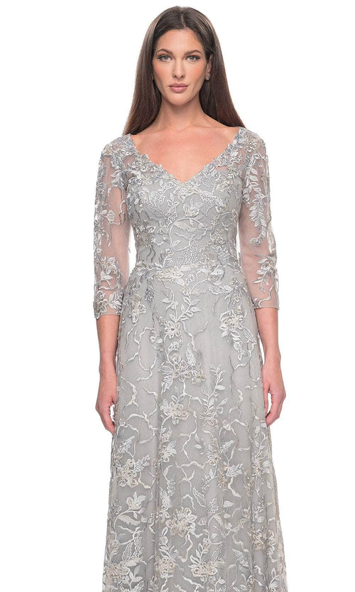 La Femme 30031 Lace Embroidered Illusion V Neck Formal Dress