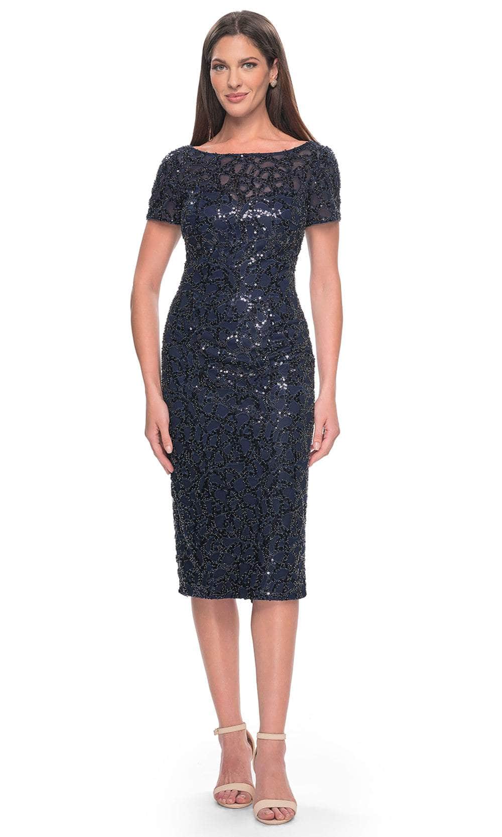 La Femme 30043 - Intricate Sequin Pattern Short Sleeve Dress Cocktail Dresses 4 / Navy