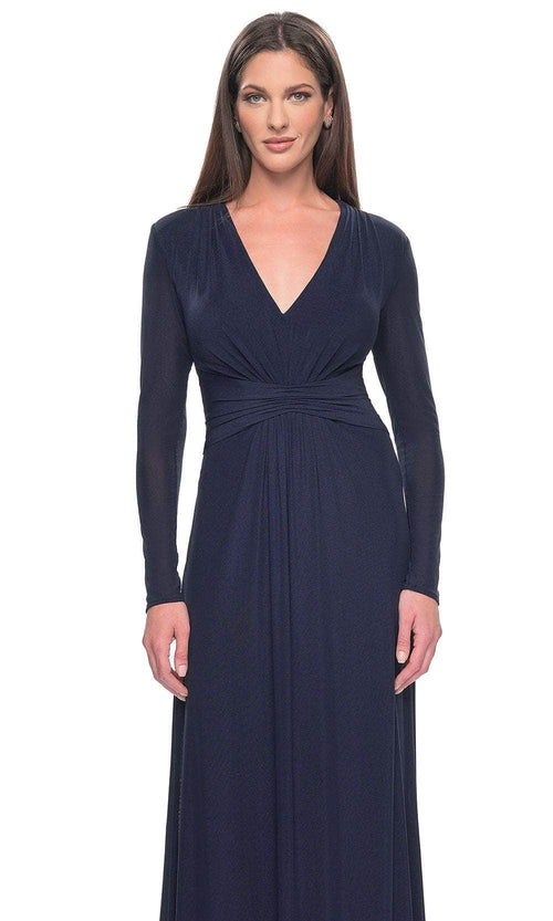 La Femme 30048 Jersey Ruched Train V Neck Evening Gown