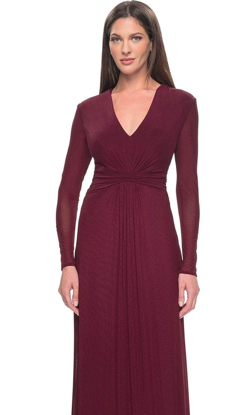 La Femme 30048 Jersey Ruched Train V Neck Evening Gown