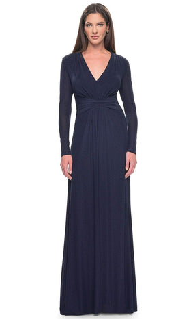 La Femme 30048 Jersey Ruched Train V Neck Evening Gown