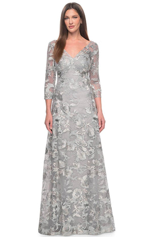 La Femme 30062 Lace Embroidered Illusion V Neck Prom Dress