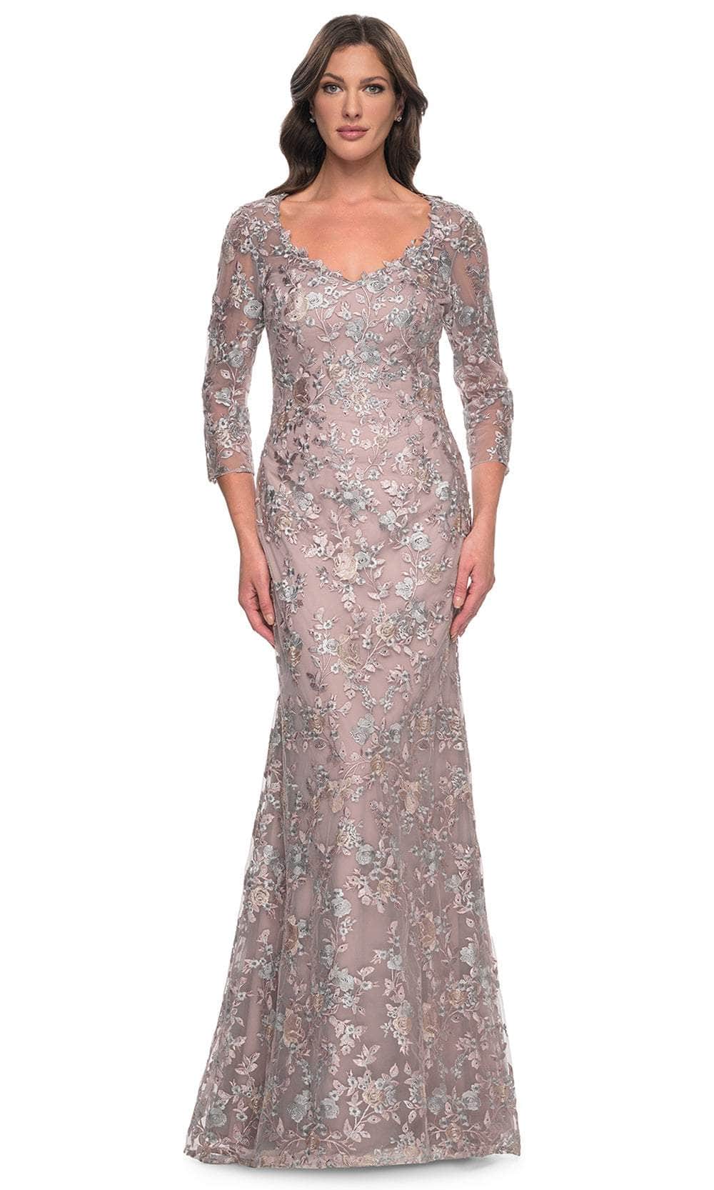 La Femme 30081 - Floral Embroidered Quarter Sleeve Prom Dress Mother of the Bride Dresses 4 / Mauve