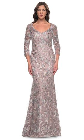 La Femme 30081 Lace Embroidered Illusion V Neck Prom Dress