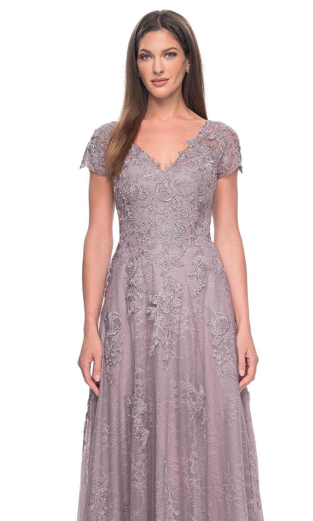 La Femme 30168 Lace Embroidered Illusion V Neck Formal Dress